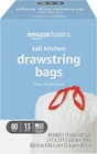 Amazon Basics Tall Kitchen Drawstring Trash Bags, Clean Fresh Scent, 13 Gallon, New. Price: $20.94.