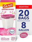 Glad Odorshield, 8 Boxes, Drawstring Trash Bags, Cherry Blossom, Gallon, 160CT New. Price: $9.00.