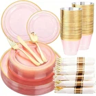 Wellife 210PCS Clear-pink Plastic Dinnerware- And Gold Dinnerwar... New. Price: $64.61.