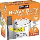 Kirkland Signature Compactor Kitchen Trash Bags, White, 18 Gallon (70 Count) New. Price: $39.99.