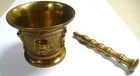 Vintage, Brass Mortar & Pestle Apothecary Pill Crusher-stylized Head Design Used. Price: $39.99.
