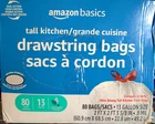 Amazon Basics Ultra-force Tall Kitchen Drawstring 13 Gallon Classic Clean 80CT New. Price: $12.63.