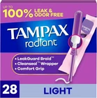 Tampax Radiant Tampons Light Absorbency With Bpa-free Plastic Applicator, 24CT New. Price: $9.99.